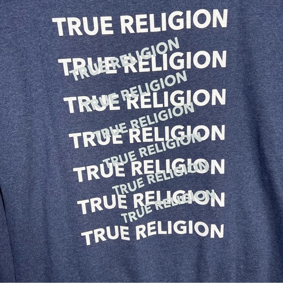 True Religion Mens Size Large Pullover Hoodie Blue TR Repeat Slant Logo Y2K NWT - Picture 3 of 11